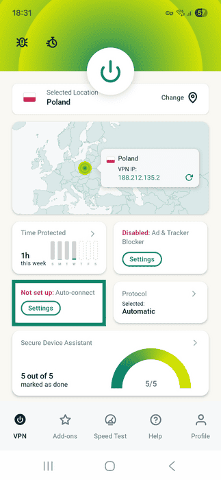 ExpressVPN app interface showing an active VPN connection on Android. The Auto-connect widget is highlighted.