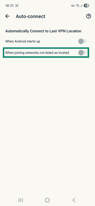 ExpressVPN app interface showing the Auto-connect tab on Android. The When joining networks not listed as trusted option is highlighted.