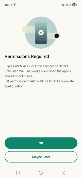 ExpressVPN app interface showing a notification screen regarding permissions on Android.