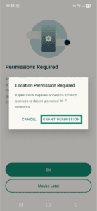 ExpressVPN app interface showing a location permission popup window on Android. The Grant Permission button is highlighted.