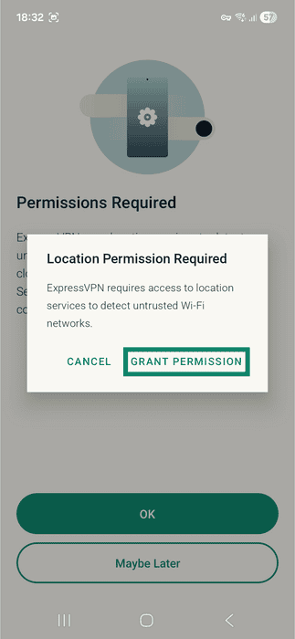 ExpressVPN app interface showing a location permission popup window on Android. The Grant Permission button is highlighted.
