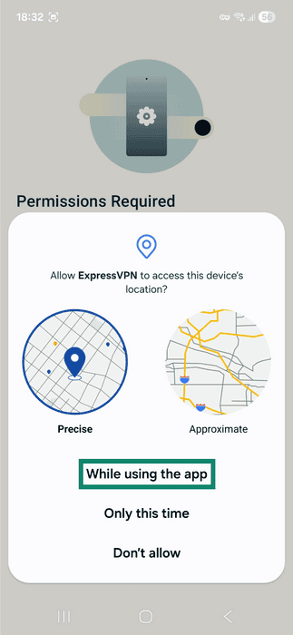 Popup window on Android displaying location permission options for the ExpressVPN app. The While using this app button is highlighted.