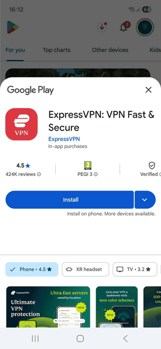 Google Play Store download page for the ExpressVPN Android app.