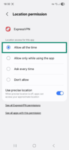 Location permission window on Android for the ExpressVPN app. The Allow all the time option is highlighted.