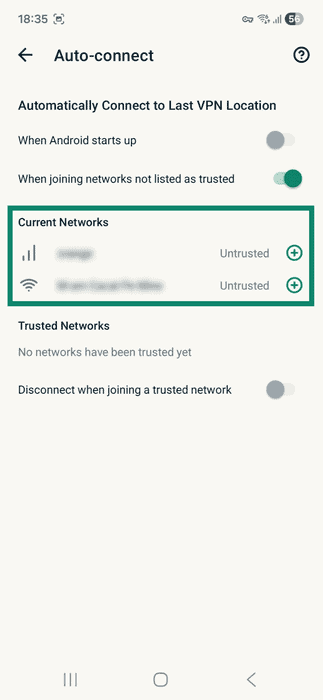 ExpressVPN app interface showing the Auto-connect tab on Android. The Current Networks list is highlighted.