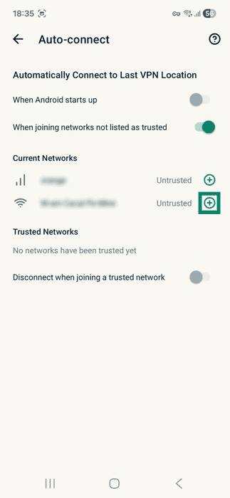 ExpressVPN app interface showing the Auto-connect tab on Android. The plus sign next to an untrusted network is highlighted.