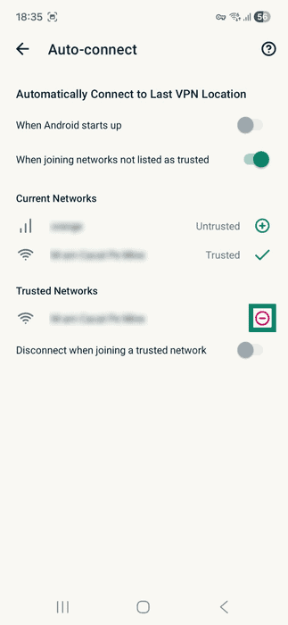 ExpressVPN app interface showing the Auto-connect tab on Android. The minus sign next to a trusted network is highlighted.