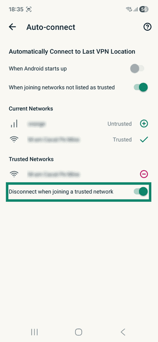 ExpressVPN app interface showing the Auto-connect tab on Android. The Disconnect when joining a trusted network option is highlighted.