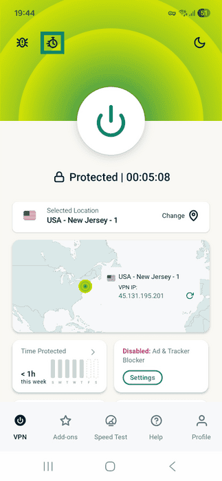 ExpressVPN app interface showing an active VPN connection on Android. The stopwatch button is highlighted.