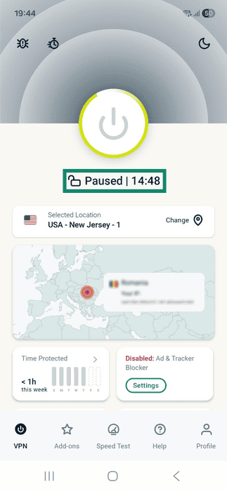 ExpressVPN app interface showing a paused VPN connection on Android. The Paused status and countdown timer are highlighted.
