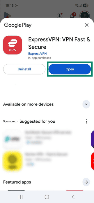 Google Play Store page for the ExpressVPN Android app. The Open button is highlighted