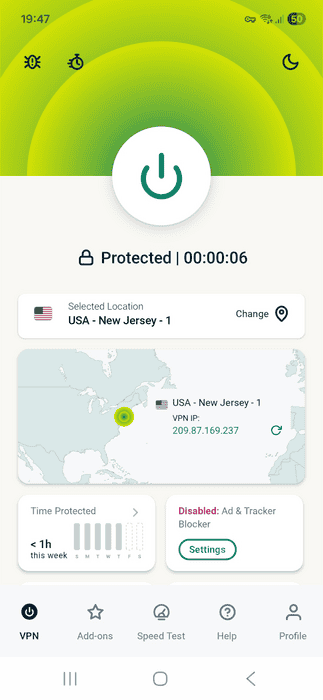 ExpressVPN app interface showing an active VPN connection on Android.