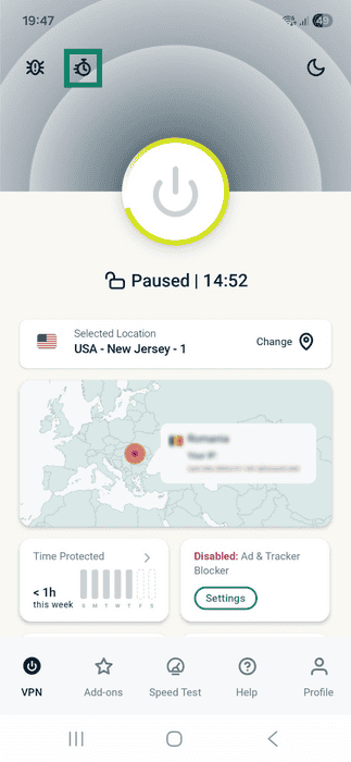 ExpressVPN app interface showing a paused VPN connection on Android. The stopwatch icon is highlighted.