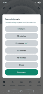 ExpressVPN app interface showing the Pause menu on Android, with one pause interval selected.