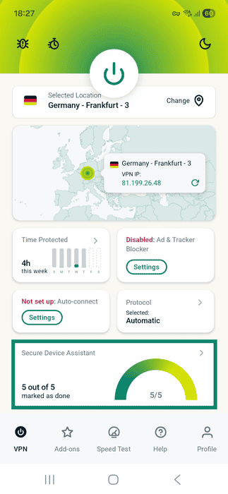 ExpressVPN app interface showing an active VPN connection screen on Android. The Secure Device Assistant widget is highlighted.