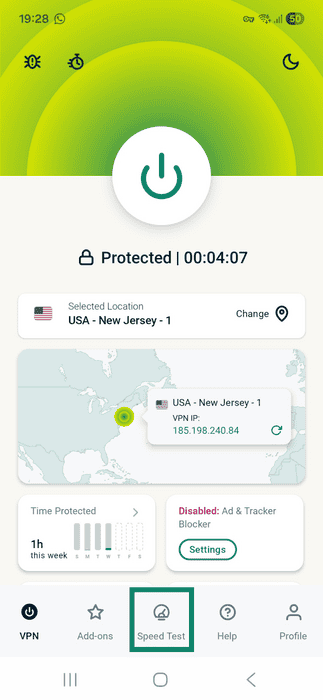 ExpressVPN app interface showing an active connection screen on Android. The Speed Test tab is highlighted.