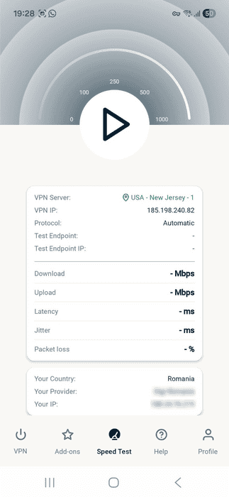 ExpressVPN app interface showing the Speed Test tab on Android.