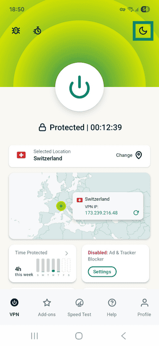 ExpressVPN app interface showing an active connection window on Android. The moon icon in the top right corner is highlighted.