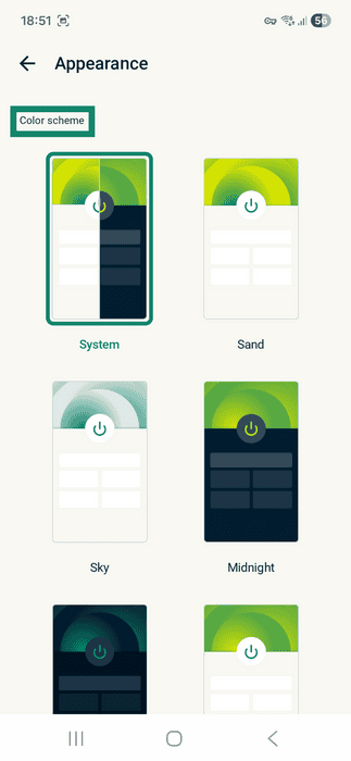 ExpressVPN app interface showing the Appearance tab. The Color scheme category is highlighted.