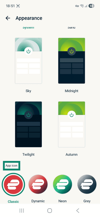 ExpressVPN app interface showing the Appearance tab. The App icon category is highlighted.