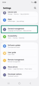 Settings app on Android. The General management option is highlighted.