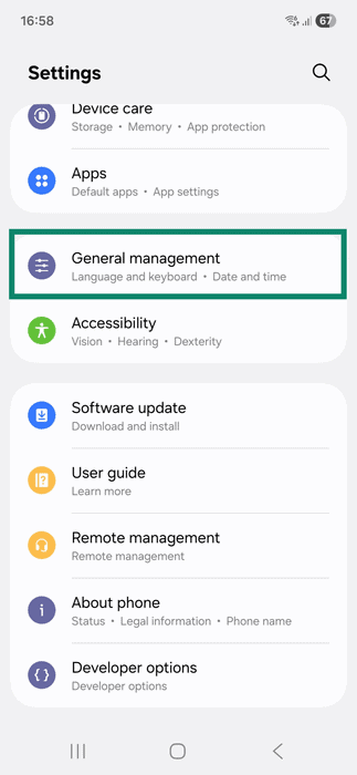 Settings app on Android. The General management option is highlighted.