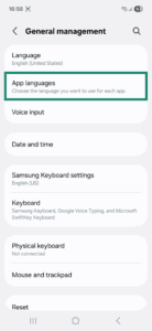 General management window on Android. The App languages option is highlighted.