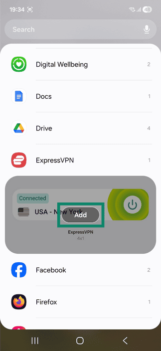 Android Widget menu. The Add button for the ExpressVPN widget is highlighted.