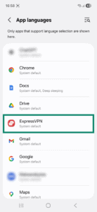 App languages window on Android. The ExpressVPN app is highlighted.