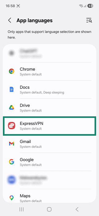 App languages window on Android. The ExpressVPN app is highlighted.