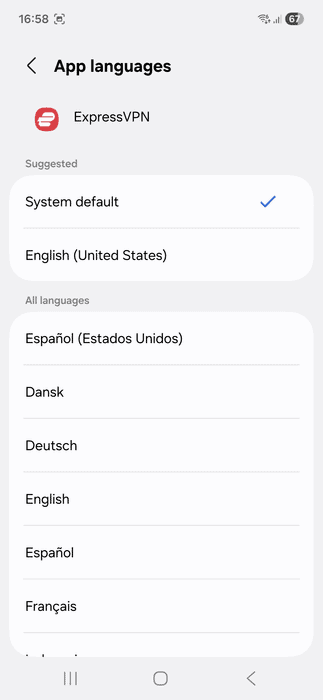 List of available languages for the ExpressVPN Android app.