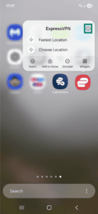 Shortcut menu for the ExpressVPN app on Android. The information icon is highlighted.