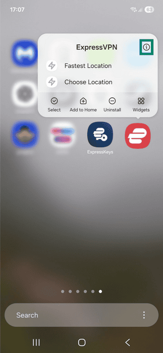 Shortcut menu for the ExpressVPN app on Android. The information icon is highlighted.