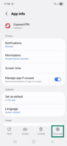 App info window for the ExpressVPN Android app. The Force stop button is highlighted.