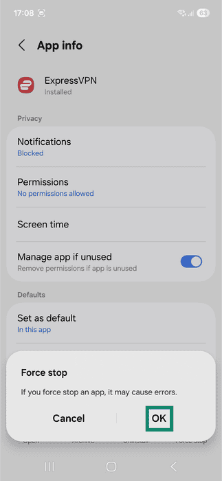 Force stop confirmation window for the ExpressVPN Android app. The OK option is highlighted.