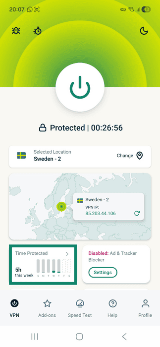 ExpressVPN app interface showing an active VPN connection screen on Android. The Time Protected widget is highlighted.