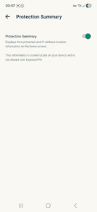 ExpressVPN app interface showing the Protection Summary tab on Android.