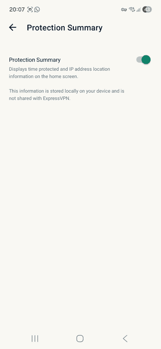 ExpressVPN app interface showing the Protection Summary tab on Android.