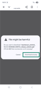 Popup window shown in a web browser when downloading the ExpressVPN Android APK app. The Download anyway button is highlighted.