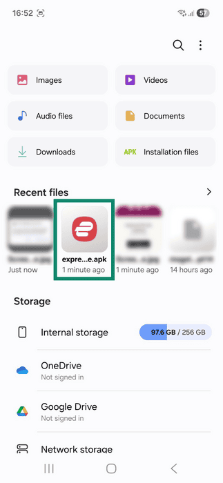 My Files app on an Android. The ExpressVPN APK app located in the Recent files tab is highlighted.