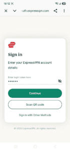 The option to sign in via a login token or a QR code in the ExpressVPN app for Android.