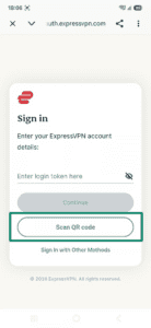 The option to sign in via a login token or a QR code in the ExpressVPN app for Android, with a highlighted "Scan QR code" button.