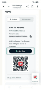 The VPN for Android page in the ExpressVPN+ portal, with a highlighted "Get App" button.