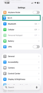 iOS Wi-Fi button in the settings menu