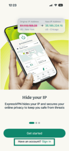 The welcome screen in the ExpressVPN app for iOS, with a highlighted "Sign In" option.