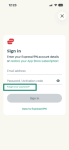 The Sign in screen in the ExpressVPN app for iOS, with a highlighted "Forgot your password?" option.