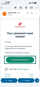 A "Your password reset request" ExpressVPN email with a highlighted "Change My Password" button.