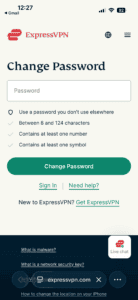 The "Change Password" screen in the ExpressVPN app for iOS.