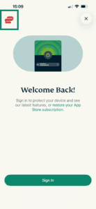 The "Welcome Back!" screen in the ExpressVPN app for iOS, with a highlighted ExpressVPN icon in the top left corner.