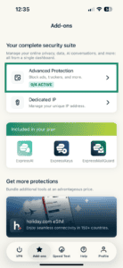 ExpressVPN mobile Add-ons menu showing security and tool suites, with the "Advanced Protection" option highlighted in a green box.